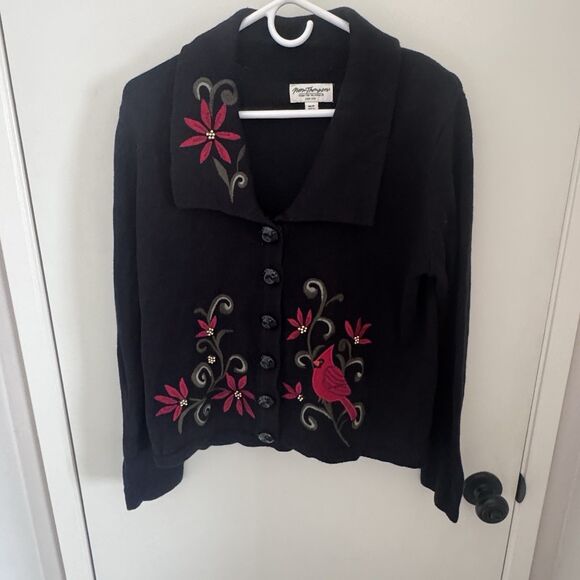 VTG Norm Thompson Knit Cardigan Sweater Christmas Poinsettia Cardinal Med Petite - Picture 2 of 12
